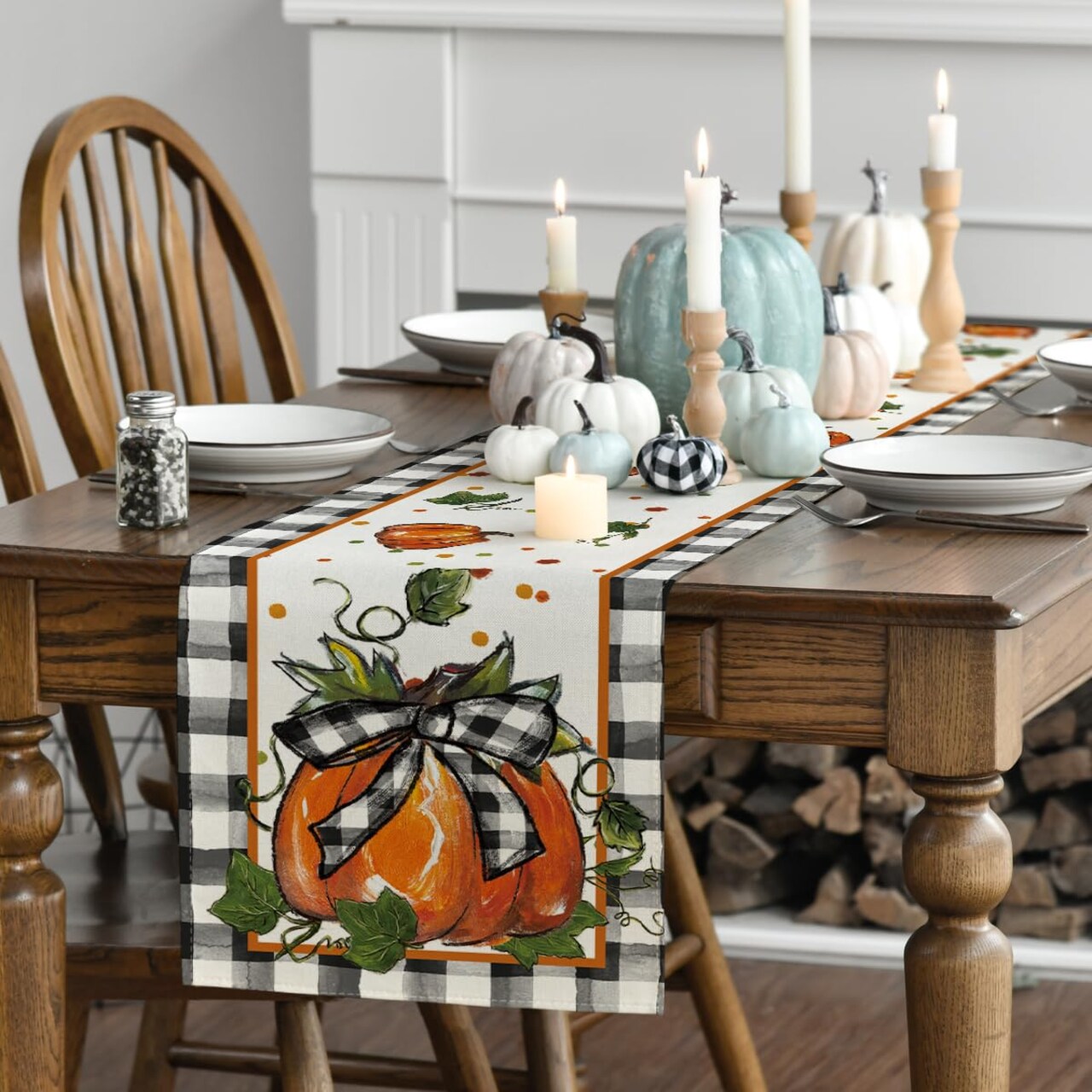 Pumpkin Bow Buffalo Plaid Fall Table Runner,Seasonal Autumn Kitchen Dining Table Decoration for Home Party Decor 13x72 Inch